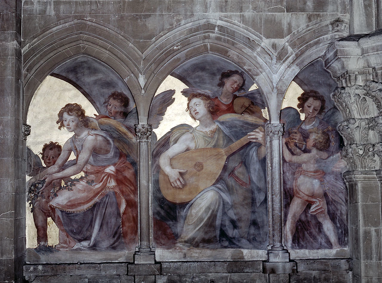 Angeli musicali all'interno di un chiostro trompe l'oeil, particolare di un angelo seduto che regge dei fiori - Duomo di Firenze